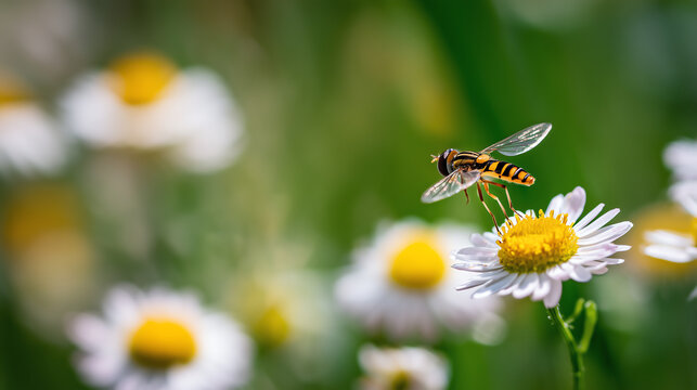 Tiny striped hoverfly rests on a white daisy among soft green foliage with delicate wings catching the bright summer sunlight