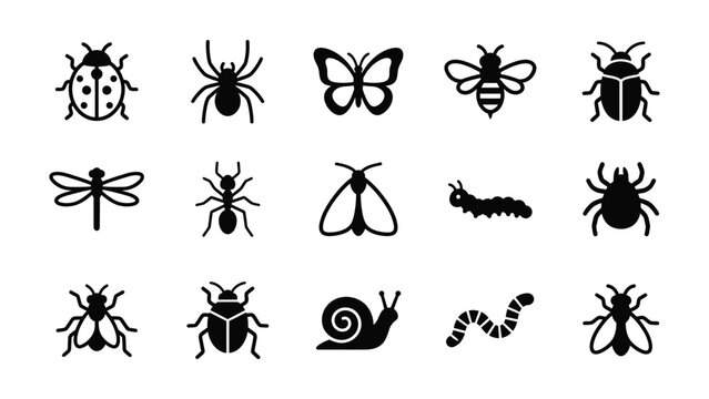 Collection of black insect and bug icons isolated on white background.