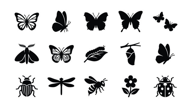 Collection of various insect and butterfly icons in black silhouette style.