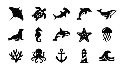 Set of black silhouette icons featuring various marine animals and nautical elements. © Alvina