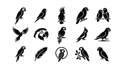 Set of parrot icons and silhouette illustrations. © Alvina
