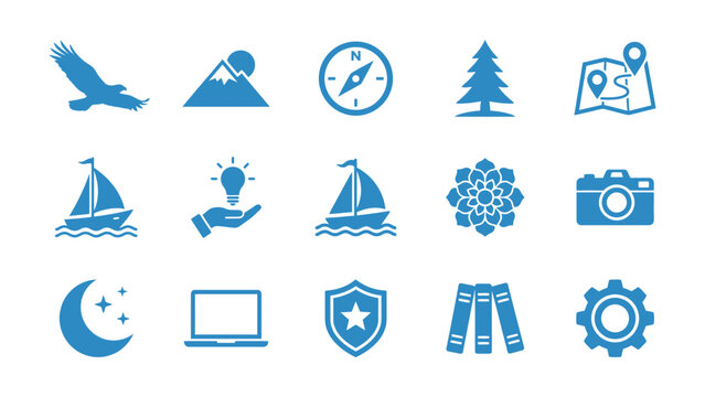 Set of fifteen blue flat icons representing various travel and technology concepts.