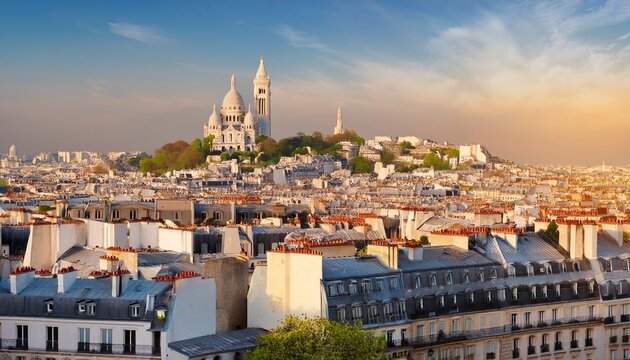 sacre coeur basilica overlooks paris rooftops in soft spring morning light