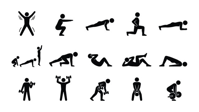 Set of black and white fitness and exercise stick figure icons.