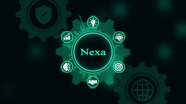 Digital business strategy infographic with rotating gear and ai technology symbols in neon green digital transformation