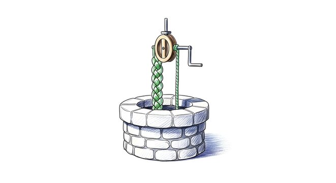 Illustration of Classic Stone Well with Green Pipe and Crank.