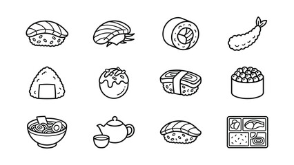 Set of hand drawn Japanese food icons and sushi elements. © zoro0