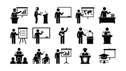 Set of black and white stick figure icons representing various professional presentation and teaching scenarios. © Kasut