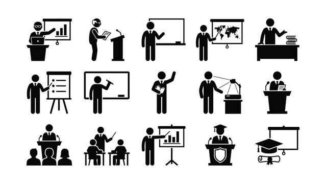 Set of black and white stick figure icons representing various professional presentation and teaching scenarios.