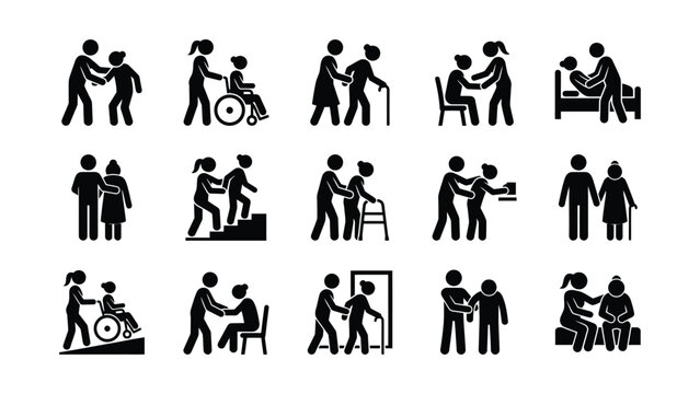 Set of black and white icons representing caregivers helping elderly and disabled people.