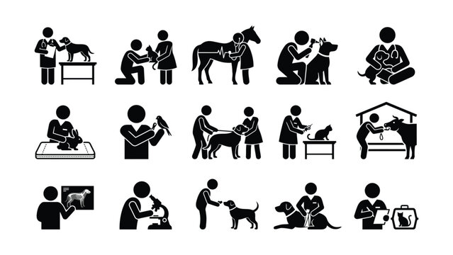 Set of veterinary clinic icons showing animal care and medical checkups.