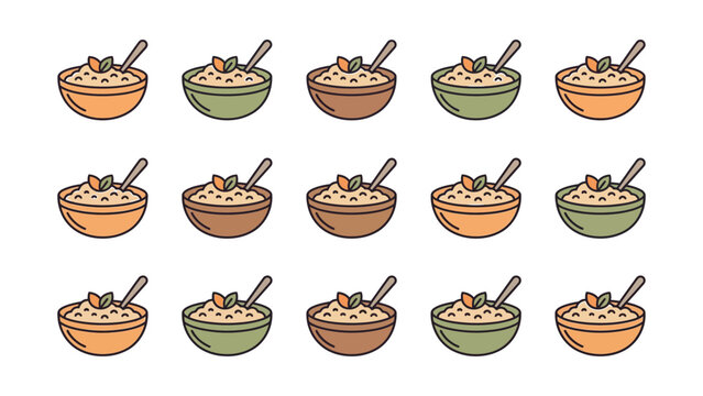Set of colorful cartoon bowls of oatmeal porridge with spoons.
