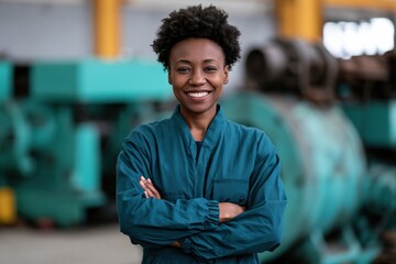 Fototapeta premium Confident female technician standing with folded arms in a machine shop for corporate brochure and industry background design