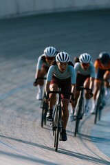 Fototapeta premium Competitive track cycling team racing on a banked velodrome curve for sports banner background and athletic training design