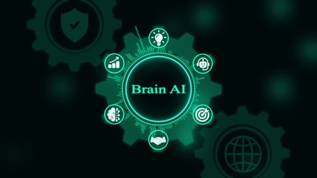 Brain ai digital interface with rotating gears and futuristic technology for artificial intelligence and machine learning concepts
