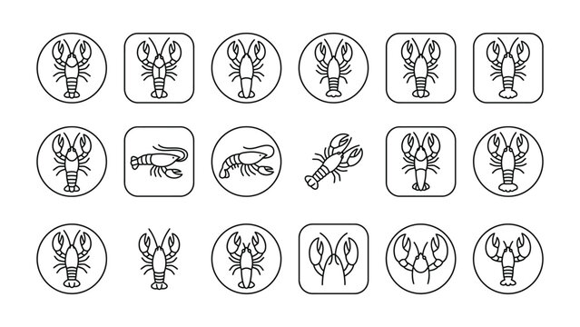 Set of simple outline lobster and crustacean icons.