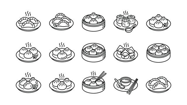 Set of hand drawn dim sum and dumplings icons.