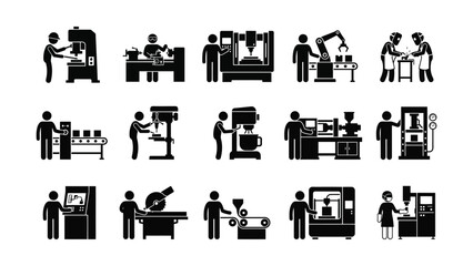 Set of industrial manufacturing factory workers and machinery icons. © Kasut