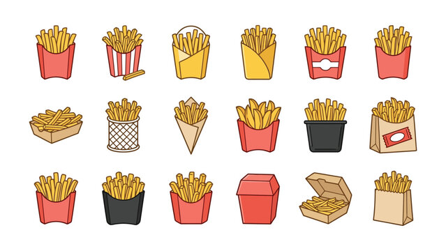 Set of various French fries in different packaging and containers.