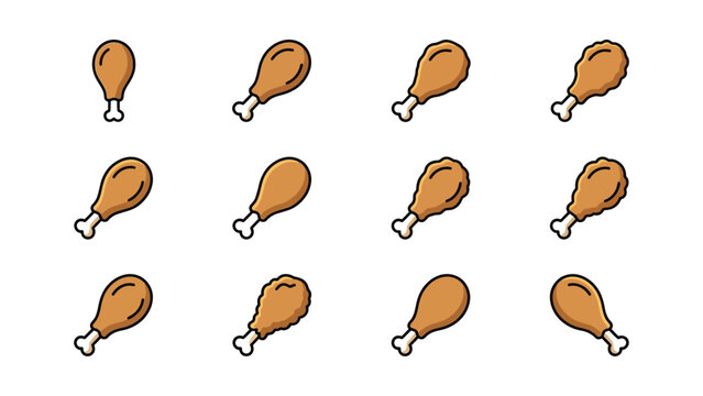 Set of twelve fried chicken drumstick icons isolated on white background.
