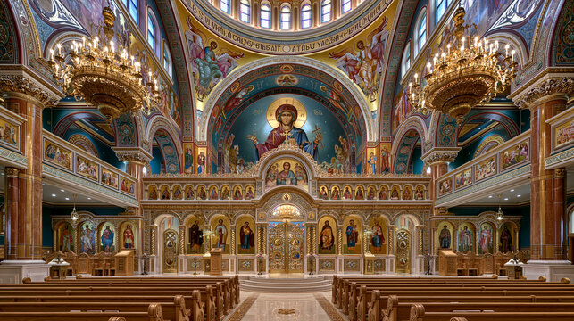 Explore the Ornate Greek Orthodox Church Interior: Iconography, Architecture, and Vibrant Religious Art in a Peaceful, Historic Sacred Space