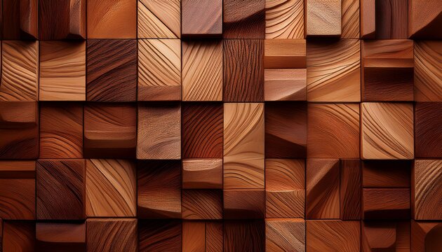 architectural 3d wood block mosaic wall texture with varying depths and natural grain patterns