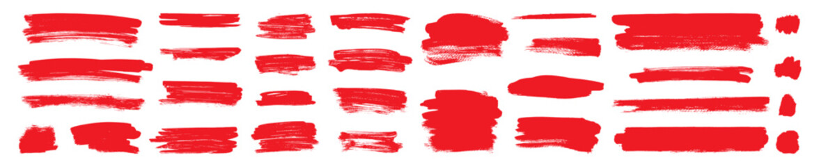 Plakat Bold red brush paint strokes. Vector watercolor smear effect grunge splashes. Asian ink textured highlight frames, stamp, text box, rectangle speech bubbles. Abstract scribble scratch brushstroke bg