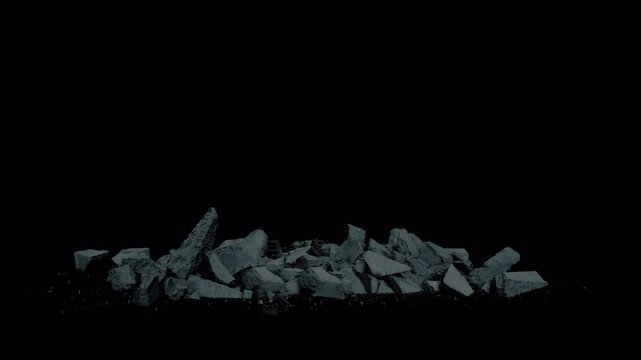 Abstract dark background with falling gray rock debris and floating particles.