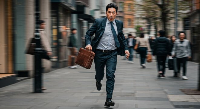Asian man in a suit running on city street. Business professional rushing. Concept of deadline, urgency, and fast-paced urban life.