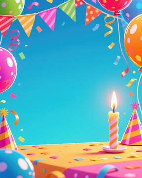 Vibrant birthday illustration in cartoon style, featuring balloons, confetti, and a lit candle on a table, against a bright blue background, celebrating a festive holiday.