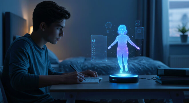 Boy student studying with a digital holographic assistant in his room. Virtual learning concept with an AI teacher for future education.