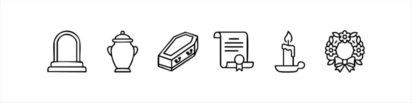 Set of funeral line icons including tombstone, urn, coffin, certificate, candle, and wreath. Minimalist outline design for mourning, burial service, and memorial concepts.