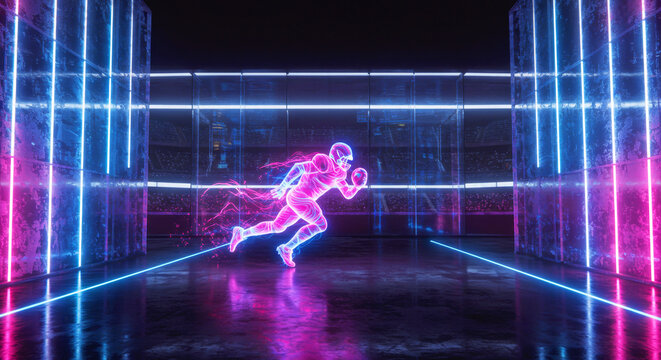 Neon glowing football player running on a futuristic field in a virtual stadium. Cyber sports competition concept. Digital game.