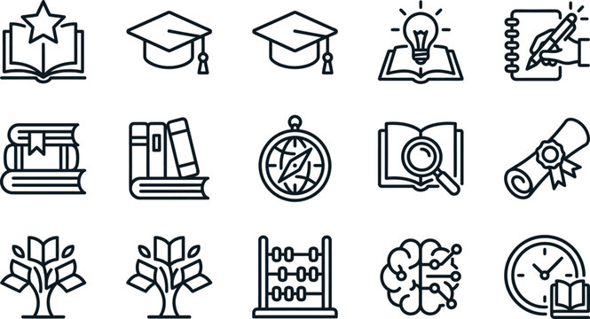 Education Icons Set: Graduation Cap, Books, Lightbulb, Brain, Compass, Abacus, Diploma, Clock