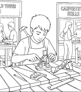 Young boy learning woodworking skills in carpentry class.