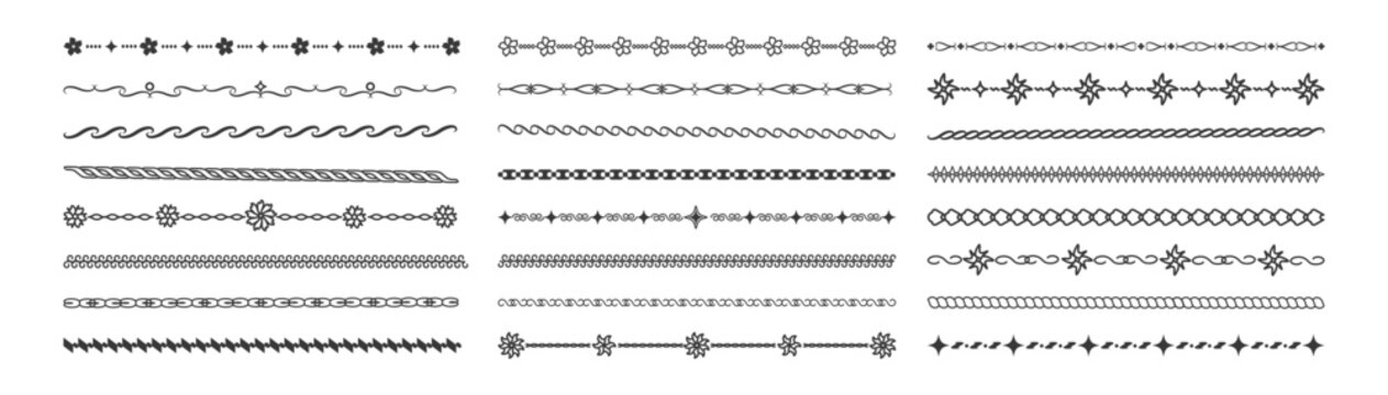 Elegant vintage line borders and ornamental dividers. Vector frame elements with ornate flourishes for classic page design and decorative text accents.