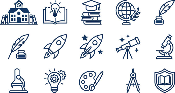 Education and Innovation Icons: School, Books, Rocket, Telescope, Microscope, Globe, Lightbulb