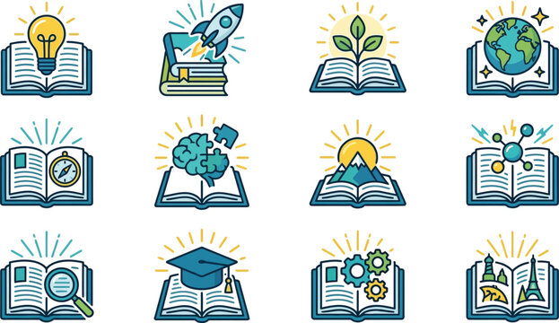 Open Books with Icons: Knowledge, Growth, Ideas, Science, Travel, Learning