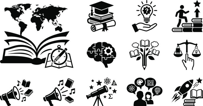 Education and learning icons: world map, books, graduation cap, brain, rocket, telescope