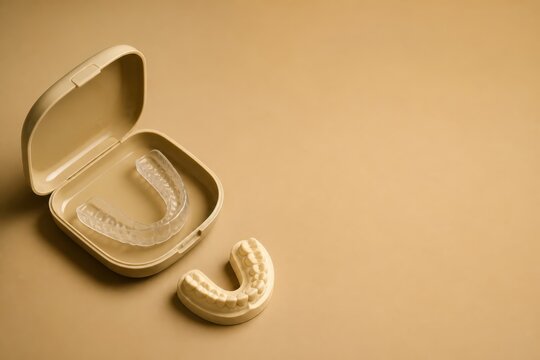 Clear dental aligners in open storage case on beige background with copy space for orthodontic and cosmetic dentistry concepts