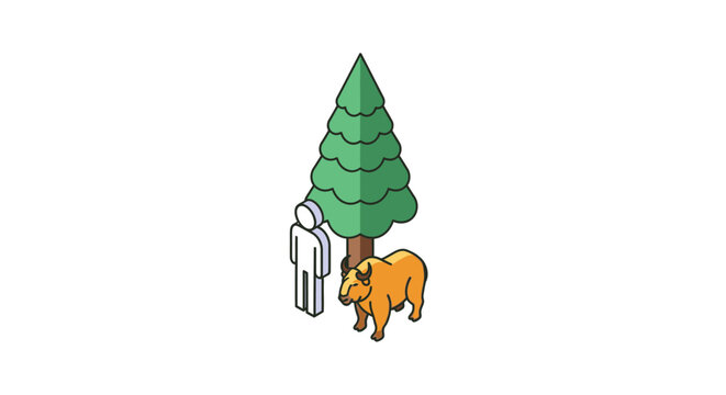 Whimsical cartoon cow standing beside tall pine tree illustration.