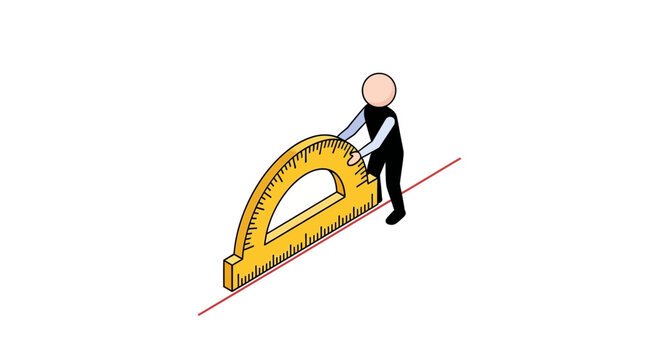 Cartoon person balancing oversized yellow protractor on line.