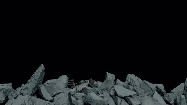 Abstract motion graphic showing falling rocks and debris in dark environment.
