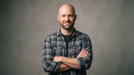 Obraz premium Man stands with arms crossed in a studio setting during daylight in a simple background