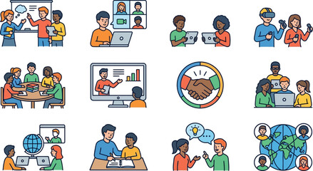 Fototapeta premium Diverse Teamwork and Collaboration Icons: Online Learning, VR, Meetings, Global Connections