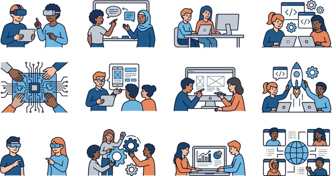 Diverse team collaborating on technology and innovation projects, coding, VR, and startups
