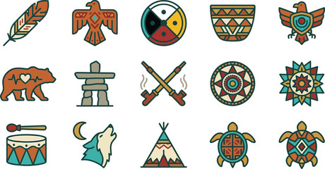 Native American Icons: Feather, Eagle, Drum, Wolf, Teepee, Turtle, Bear, Totem © nami8