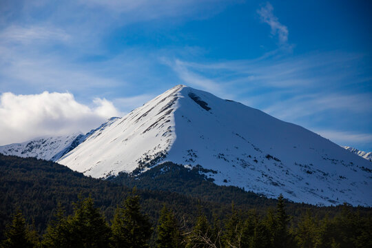 snowy mountain peak against blue sky