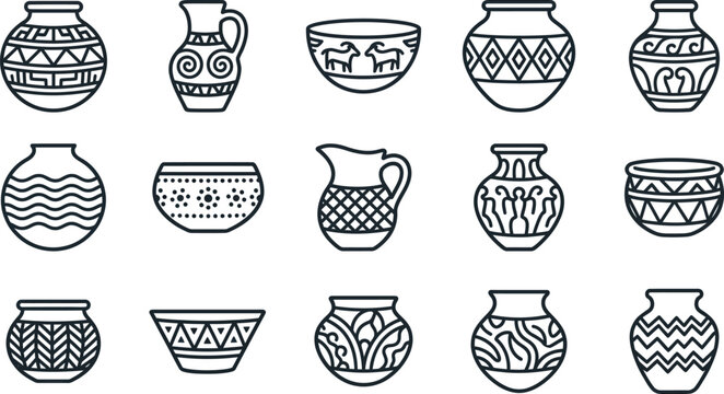 Collection of Ancient Pottery Icons: Vases, Jugs, and Bowls with Geometric Patterns
