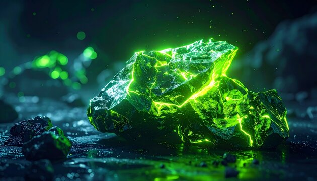 Uranium Ore Under UV Light. Bright Green Glow Illuminates Uranium Rock in a Laboratory, Showcasing Its Unique Luminescence and Scientific Intrigue